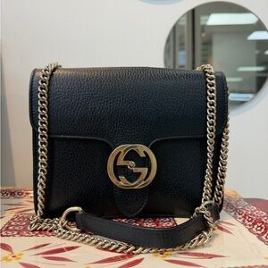 Gucci Black Interlocking GG Leather Small Shoulder Bag with Gold Chain